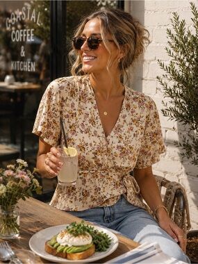 Dress Forum Cream Floral Wrap Tie-Waist Blouse